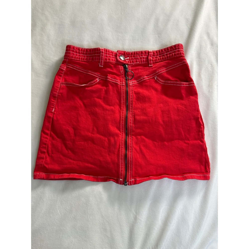 Forever 21 Red Denim Mini Skirt Front Zip Contrast Stitch Size 26